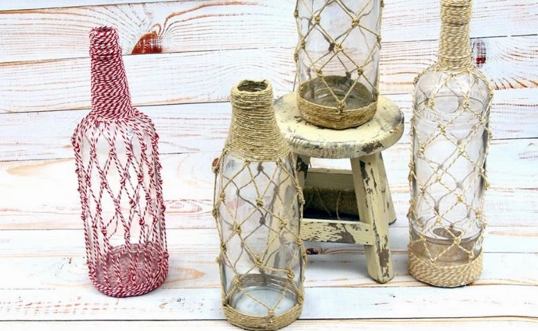 Pudelid, mis on kaunistatud nööriga: 55 ideed kodus tegemiseks